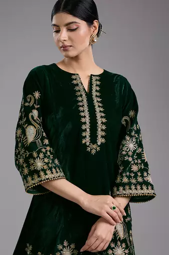 Green embroidered velvet kurta set