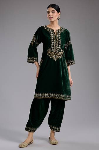 Green embroidered velvet kurta set