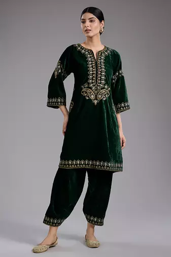 Green embroidered velvet kurta set