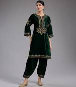 Green embroidered velvet kurta set