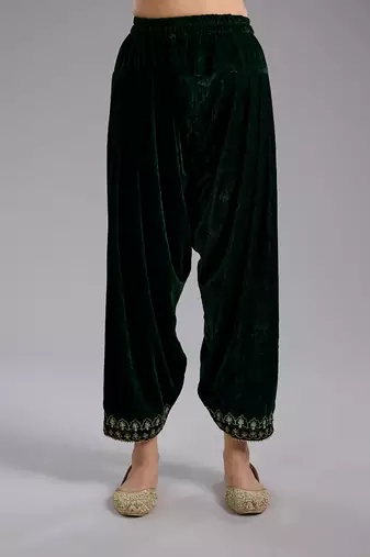 Green embroidered velvet kurta set