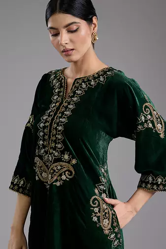 Green embroidered velvet kurta set