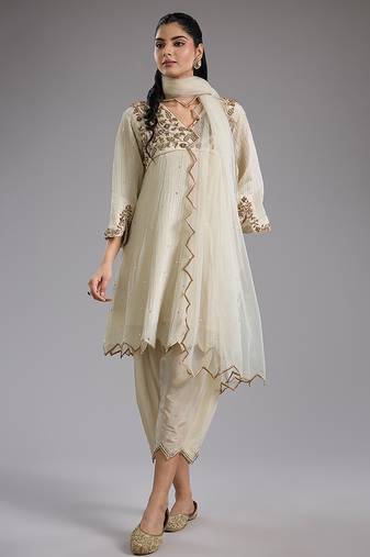 Ivory embroidered tissue kurta Set