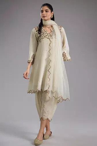 Ivory embroidered tissue kurta Set