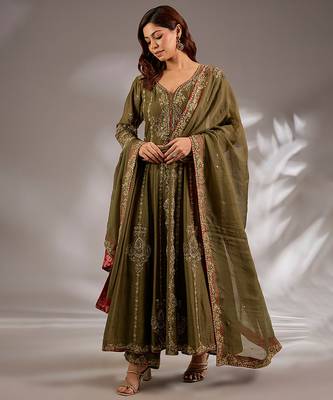 Green embroidered chanderi anarkali 1