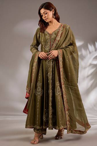 Green embroidered chanderi anarkali