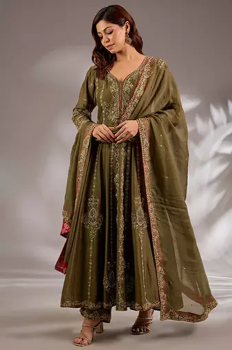 Green embroidered chanderi anarkali