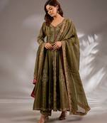Green embroidered chanderi anarkali