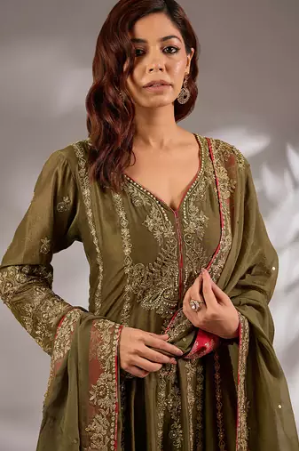 Green embroidered chanderi anarkali