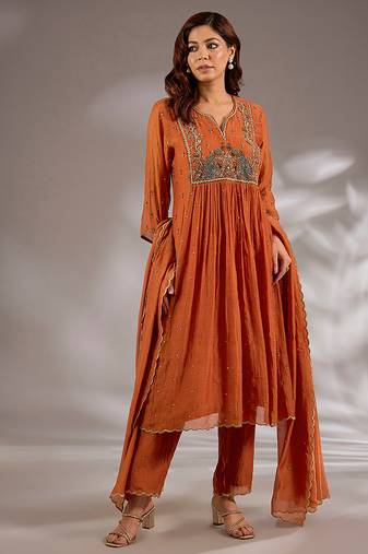Orange embroidered chanderi anarkali