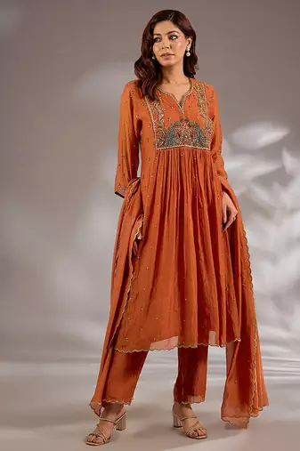 Orange embroidered chanderi anarkali