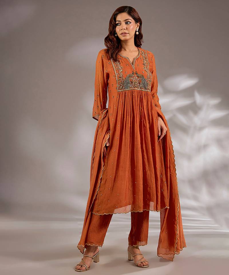 Orange embroidered chanderi anarkali