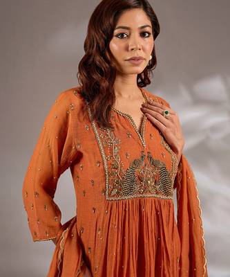 Orange embroidered chanderi anarkali 4