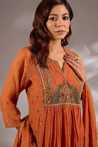 Orange embroidered chanderi anarkali