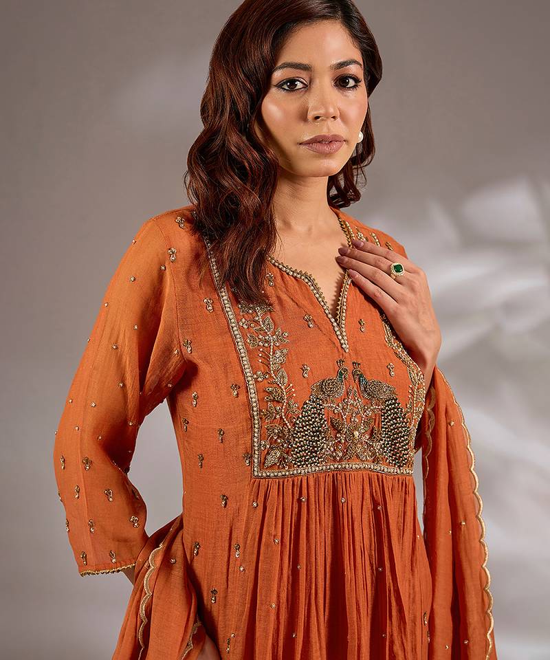 Orange embroidered chanderi anarkali