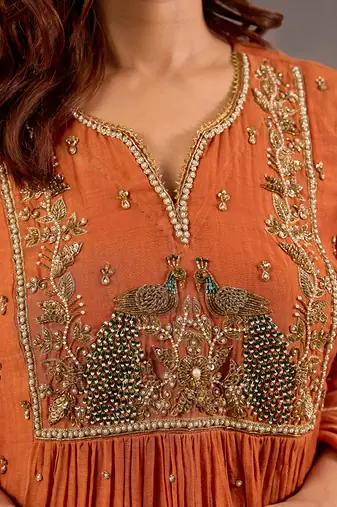 Orange embroidered chanderi anarkali