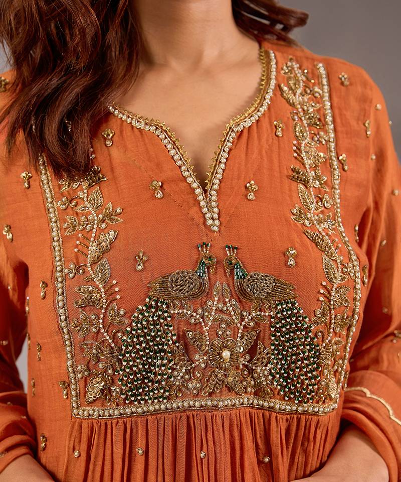 Orange embroidered chanderi anarkali