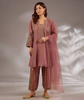 Pink embroidered net Kurta Set 1