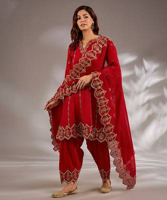 Red embroidered silk anarkali 1