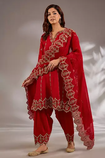 Red embroidered silk anarkali