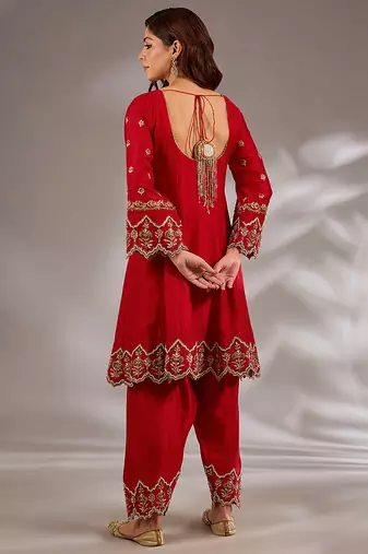Red embroidered silk anarkali
