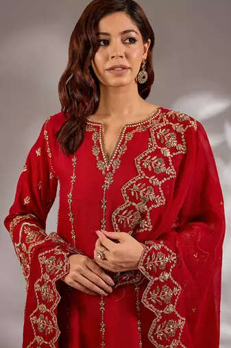 Red embroidered silk anarkali