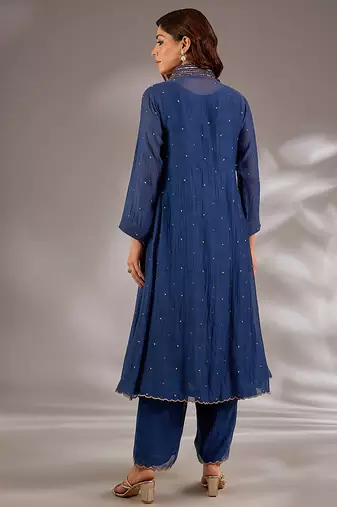 Blue embroidered chanderi kurta set