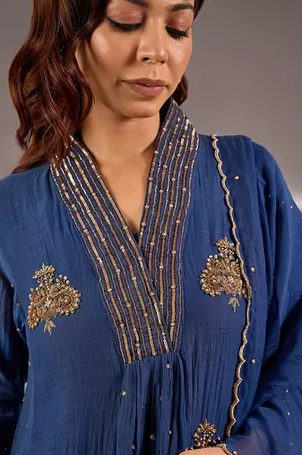 Blue embroidered chanderi kurta set