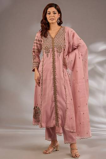 Pink embroidered chanderi kurta set