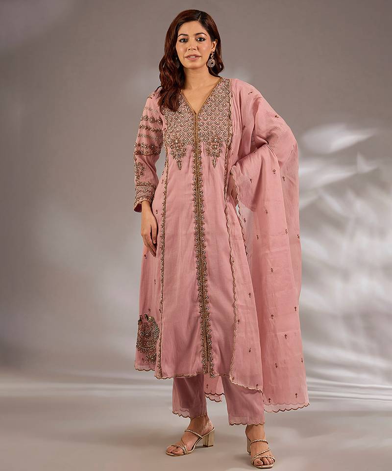 Pink embroidered chanderi kurta set