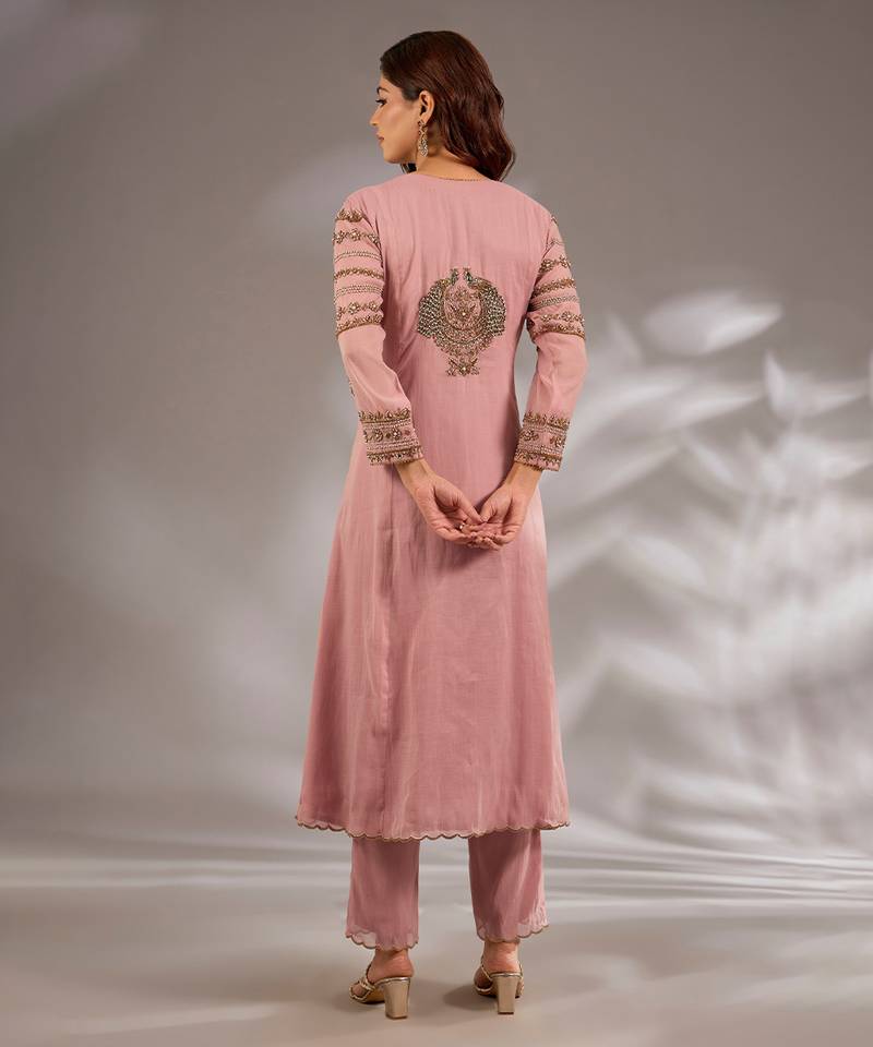 Pink embroidered chanderi kurta set
