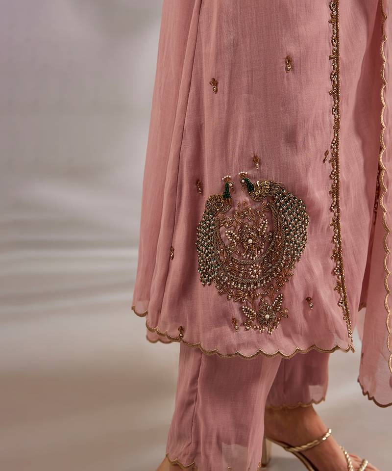 Pink embroidered chanderi kurta set