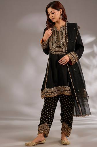 Black embroidered silk kurta set