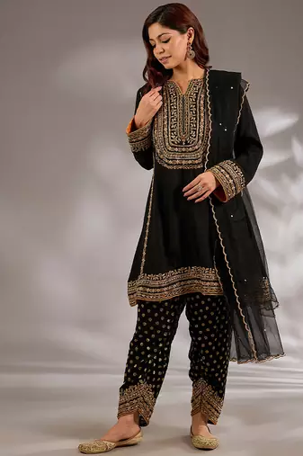 Black embroidered silk kurta set