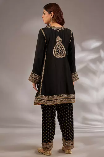 Black embroidered silk kurta set