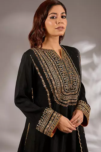 Black embroidered silk kurta set