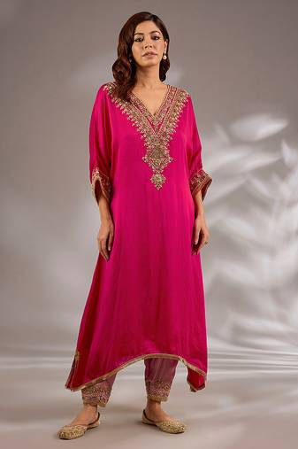Pink embroidered silk kurta set
