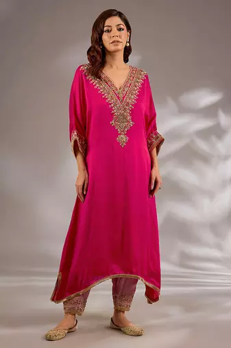 Pink embroidered silk kurta set