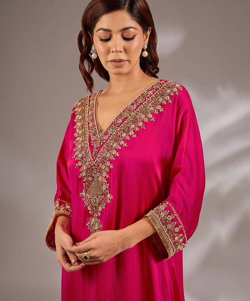 Pink embroidered silk kurta set