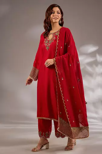 Red embroidered silk kurta set