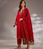 Red embroidered silk kurta set