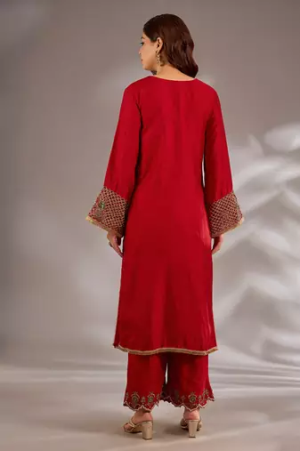 Red embroidered silk kurta set