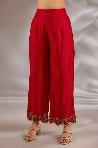 Red embroidered silk kurta set