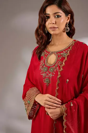 Red embroidered silk kurta set