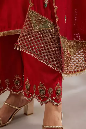 Red embroidered silk kurta set