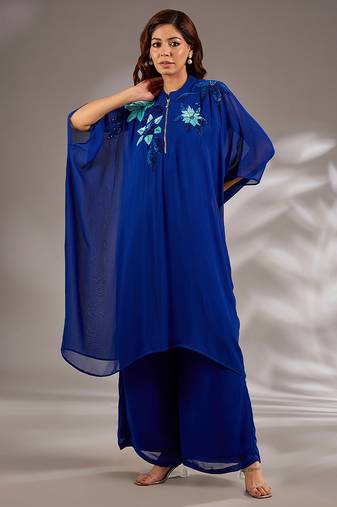 Blue embroidered georgette kaftan set
