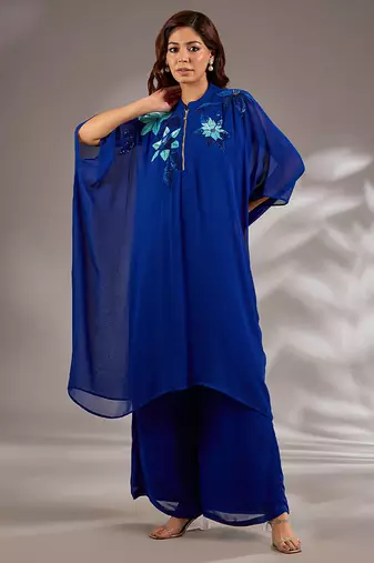 Blue embroidered georgette kaftan set