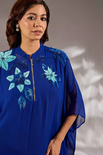 Blue embroidered georgette kaftan set