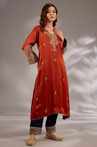 Orange embroidered satin kurta set