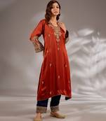 Orange embroidered satin kurta set